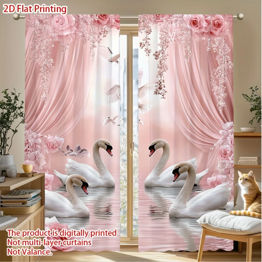 2PCS Digital Printed Curtains, Pink Rose Swan Lake Pattern, Beautiful Window Drapes for Living Room Bedroom Home Decor