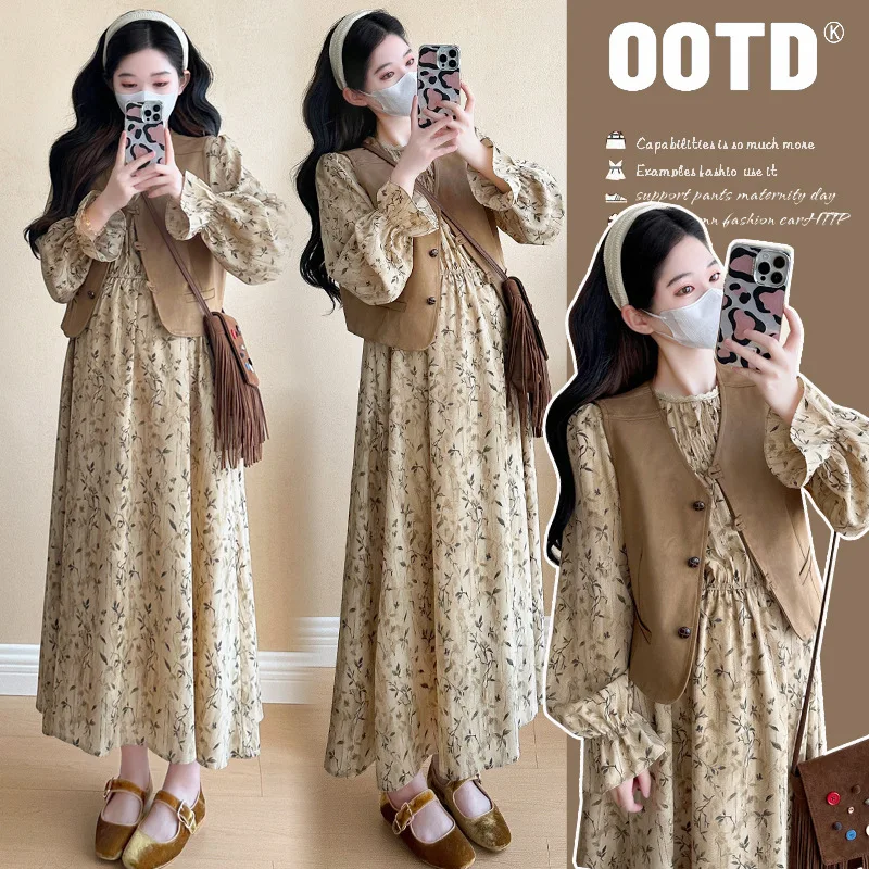 completo-premaman-primavera-autunno-nuovo-stile-francese-retro-elegante-delicato-abito-floreale-e-gilet-monopetto-set-due-pezzi