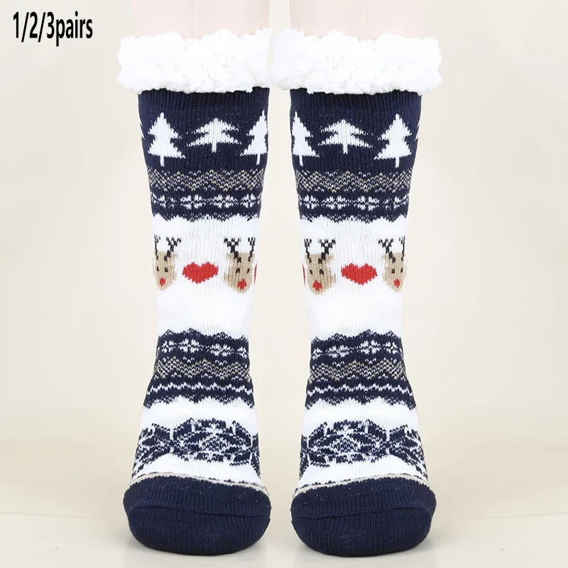 1/2/3 Pairs Women Autumn Winter Floor Mid‑Calf Socks, Christmas Cartoon Print, Non‑Slip Dots, Thick Fuzzy Warm