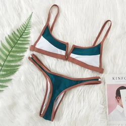 XS-XL Bikini Sexy con barra en V, traje de baño brasileño con Tanga para mujer, traje de baño Vintage con bloques de colores, traje de baño Micro azul y verde para verano, Bikini