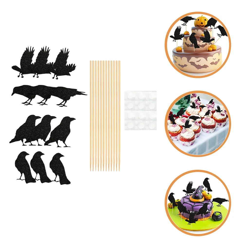 24 Pcs Crow Cake Inserting Card DIY Decor Dessert Topper Halloween Pick Cupcake Toppers Cakes Bats Toothpicks Hat Cards