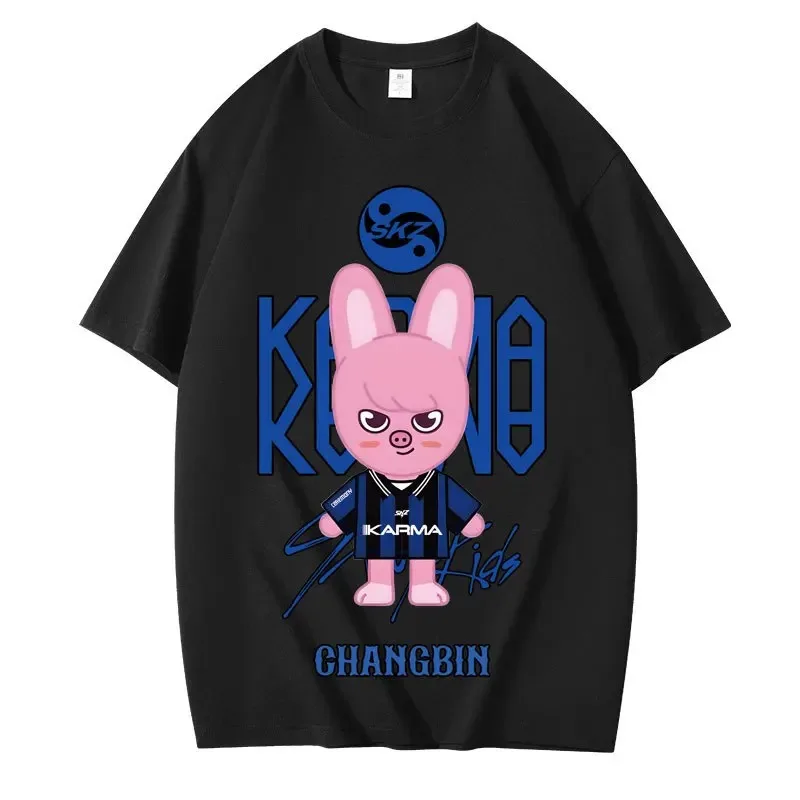KPOP كارما هيونجين الكرتون المطبوعة سوبر كبير عادية لطيف موضة تي شيرت الكورية موضة المشجعين القطن تي شيرت Harajuku