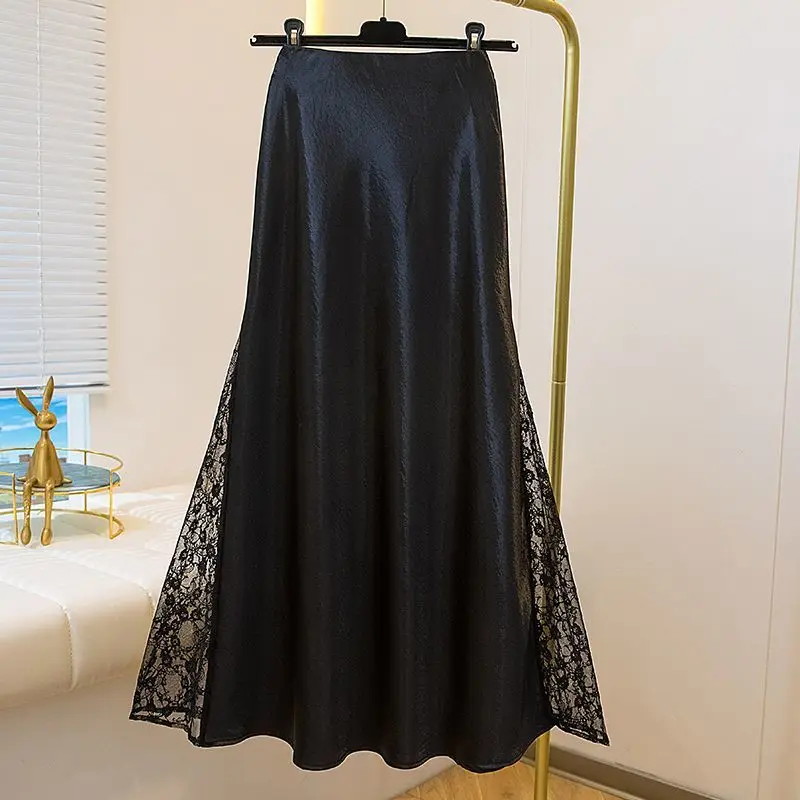 

Acetate satin fishtail women's summer new high-waisted slim-fitting hip lace splicing long skirt