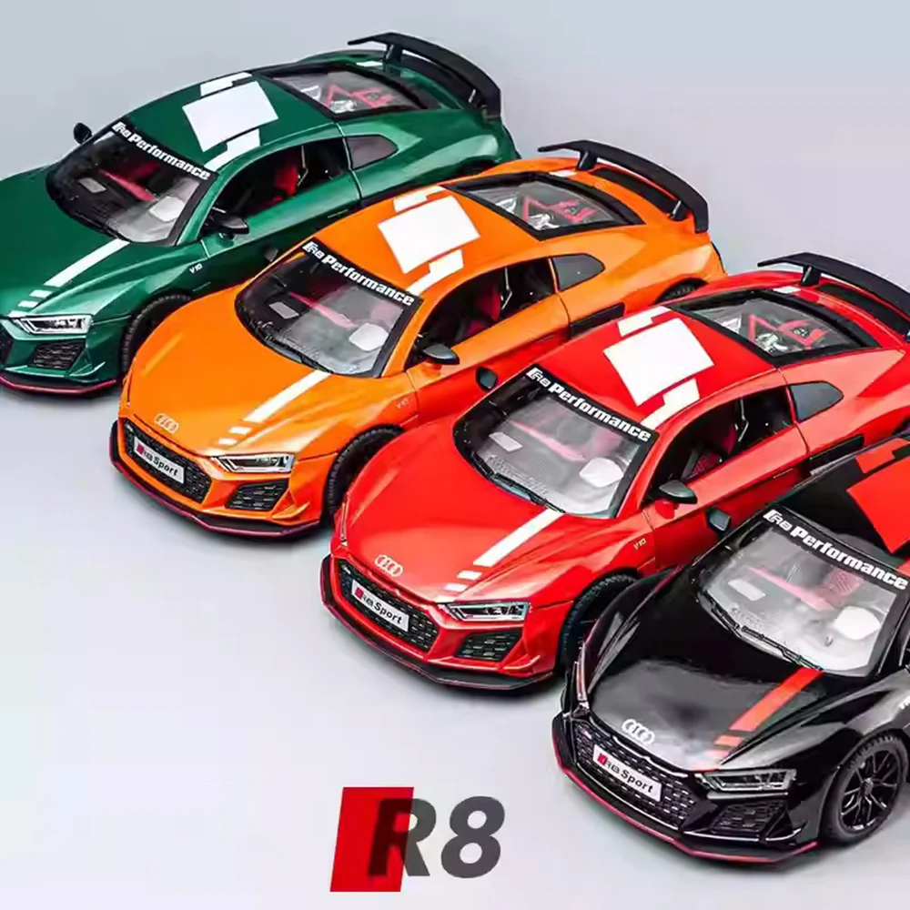 1:24 R8 V10 Legering Speelgoed Auto Model Diecast Metal Body Geluid Licht Trek Rubberen Banden Voertuig voor Jongens Verjaardag Verzamelen Geschenken