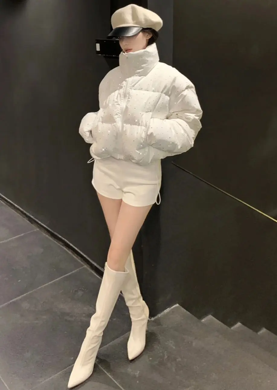 Mode Luxus Diamanten Kurze Jacken Winter Langarm Stehkragen Mäntel Baumwolle Gepolstert Casual High Street Neue In Oberbekleidung