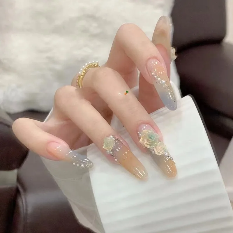 

10 шт весенние романтические нежные длинные ногти ручной работы градиентные пятна камелия жемчуг измельченные бриллианты накладные ногти