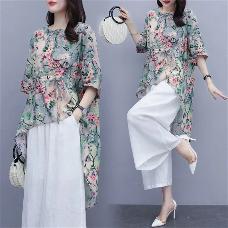 Single/Sets 2024 Summer New Female Korean Fashion Two Piece Overpants Casual Top Chiffon Wide Leg Pants Set For Women