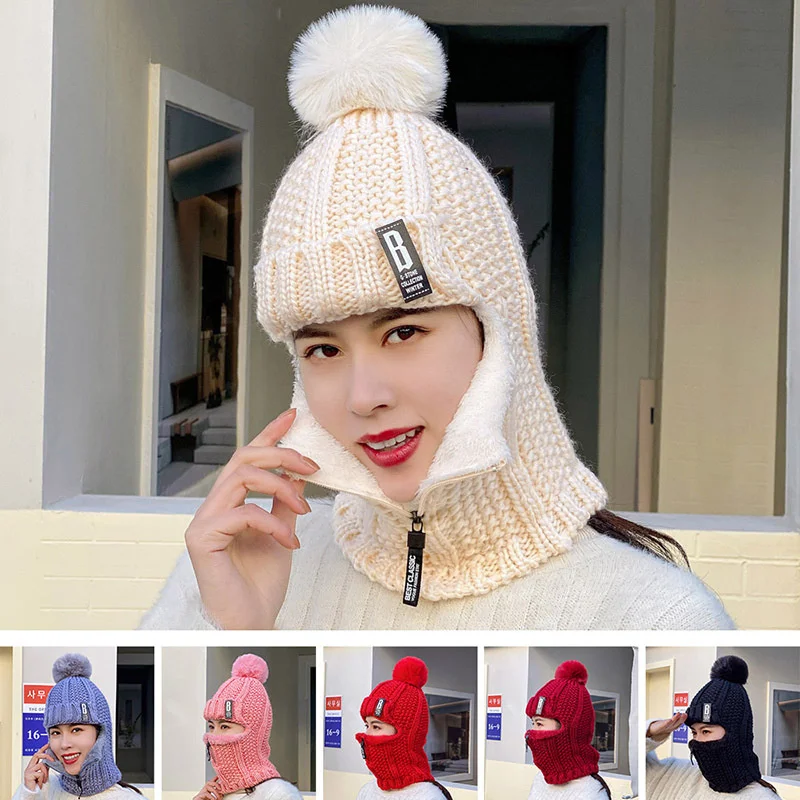 

Knitted Hat Ski Women Hat Windproof Winter Outdoor Knit Thick Siamese Scarf Collar Warm Keep Face Warmer Beanies Hat