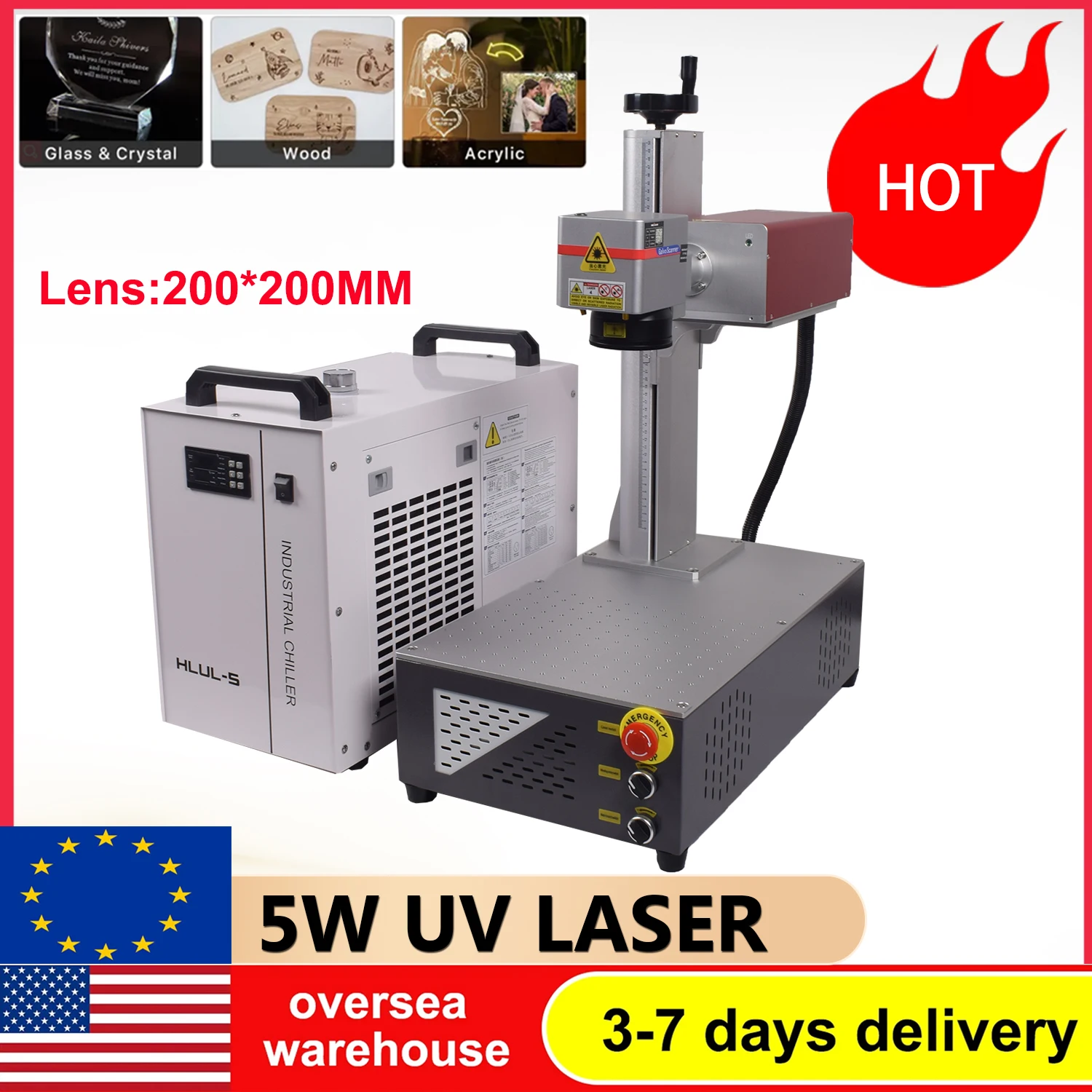 [EU US STOCK]5W UV Laser Marking Machine Fiber UV 5W 355nm Non-Metal Engraver for Glass/Wood/PVC/Metal/Plastic Leather