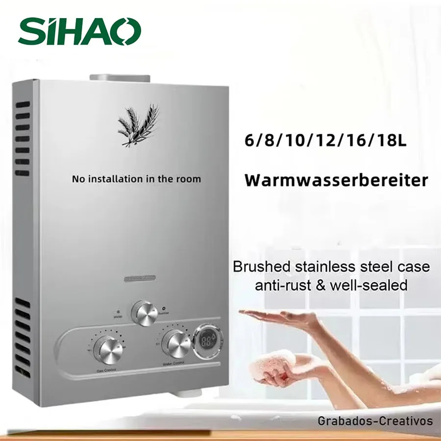Aquecedor de Água a Gás LPG SIHAO 6L/8L/10L/12L/16L/18L, Sistema de Água Quente Instantânea sob Demanda para Gás Propano e Butano, Caldeira Sem Tanque para Uso Doméstico