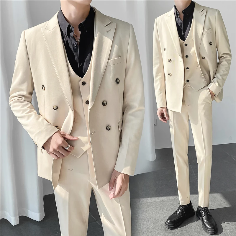 

3 Pcs Set Blazers Jacket Pants Vest / 2024 Men's Casual Boutique Business Wedding Pure Color Double Breasted Suit Coat Trousers