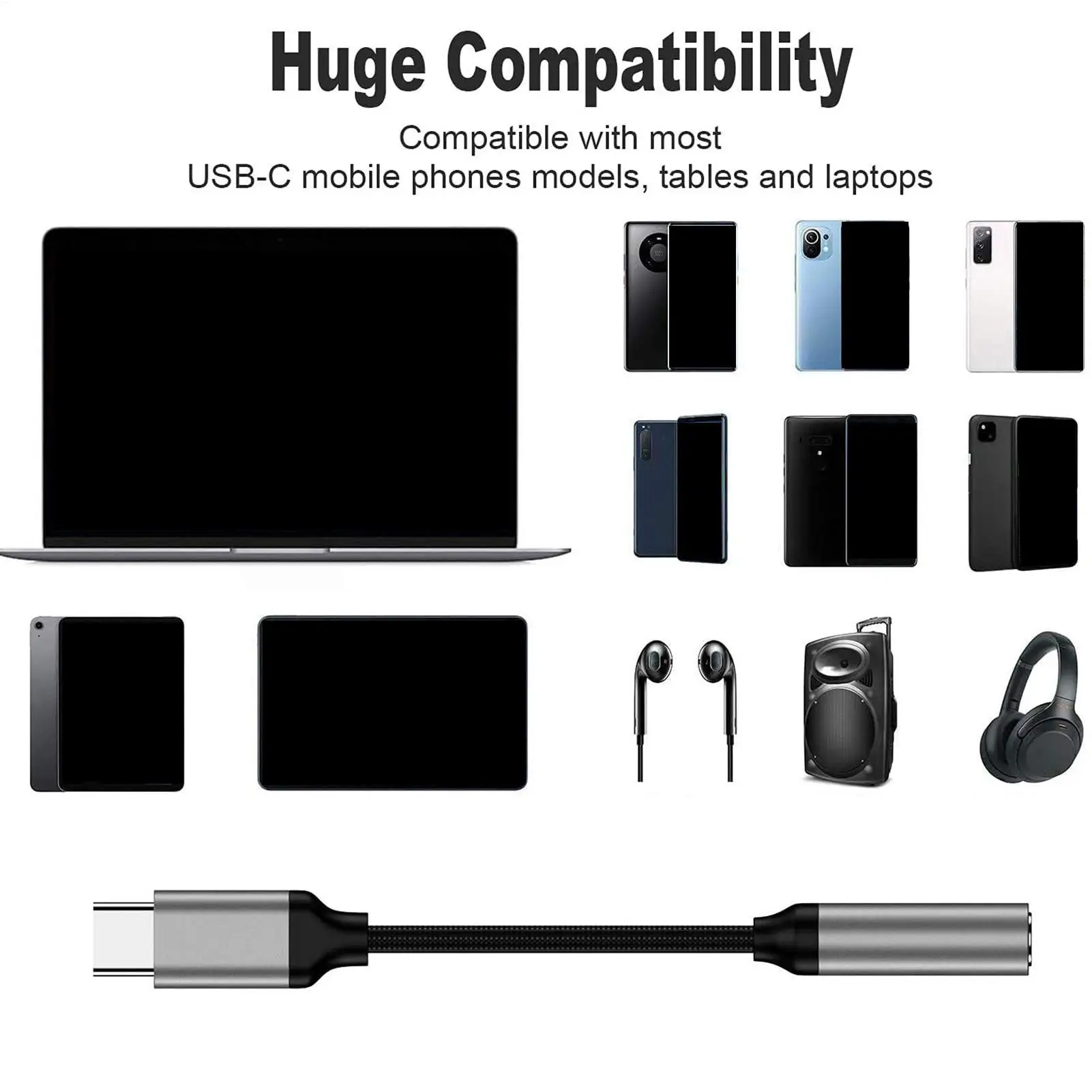 USB C To 3.5mm Audio Adapter HIFI Type C To 3.5mm Female Headphone Jack Adapter Nylon Braid Portable Stereo Aux Cables