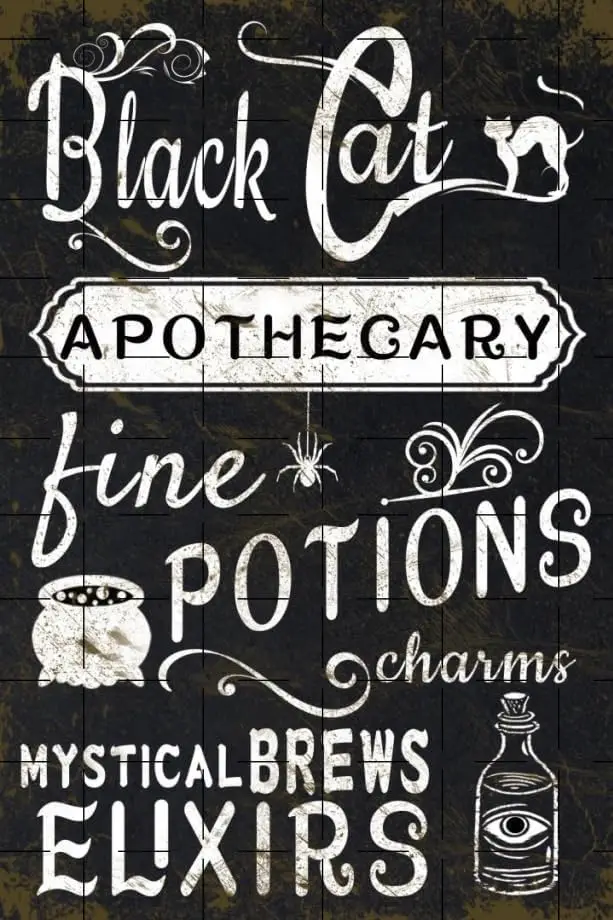 Funny Black Cat Apothecary Fine Potions & Elixirs Mystical Brews Metal Tin Sign Wall Decor Retro Art Rustic Wine Bar Creepy
