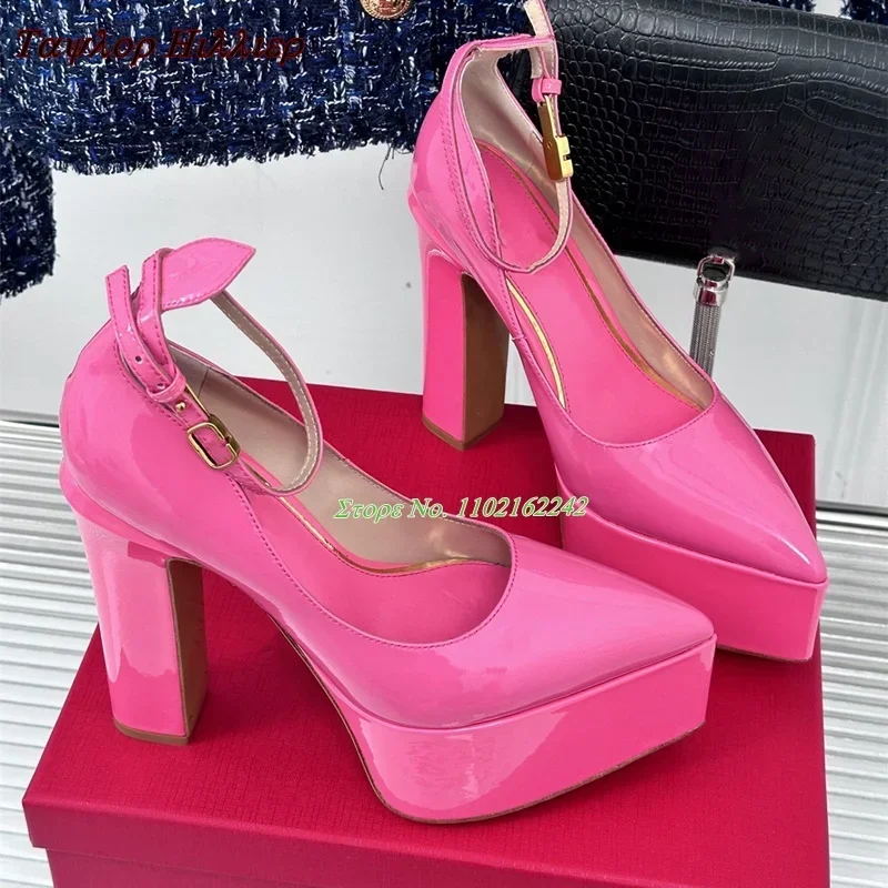 Genuine Leather Pointed Toe Waterproof Platform Pumps Spring New Buckle Strap Shallow Mouth Pumps Fashion Luxury Women\'S Shoes