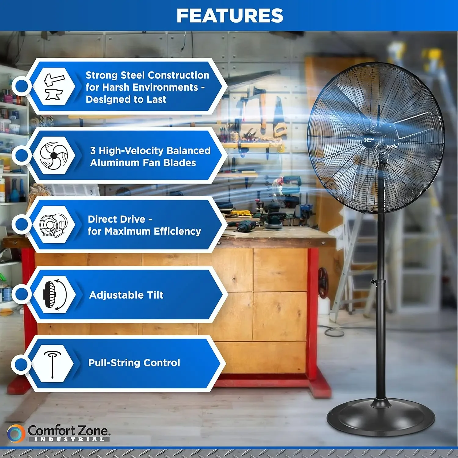 Industrial Pedestal Fan, 30 inch, 3 Speed, High Velocity, Adjustable Height 56” to 76”, Metal, Meets OSHA Standards