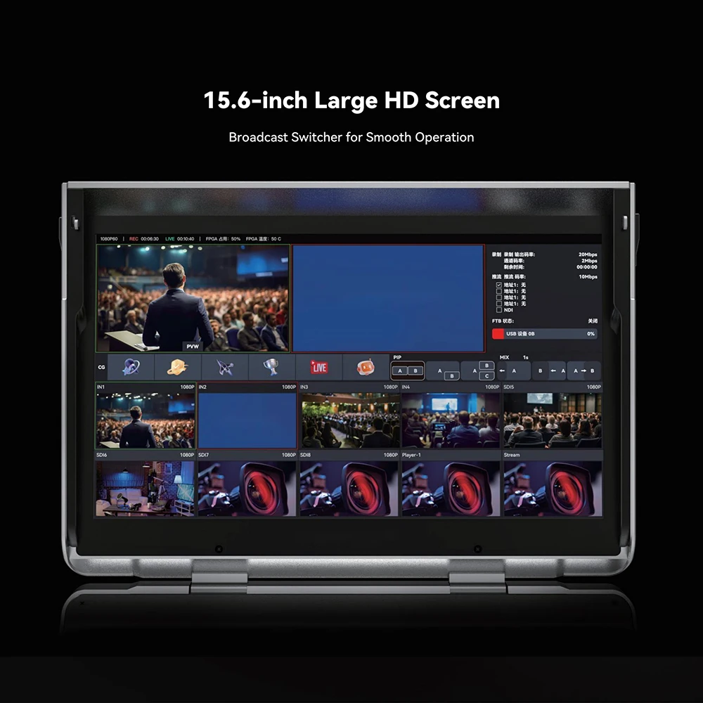 15.6 inch HD Screen All-in-One 10-Chan Streaming Switcher 8-Chan HDMI input Audio & Video Processing Equipment Support AUX outpu