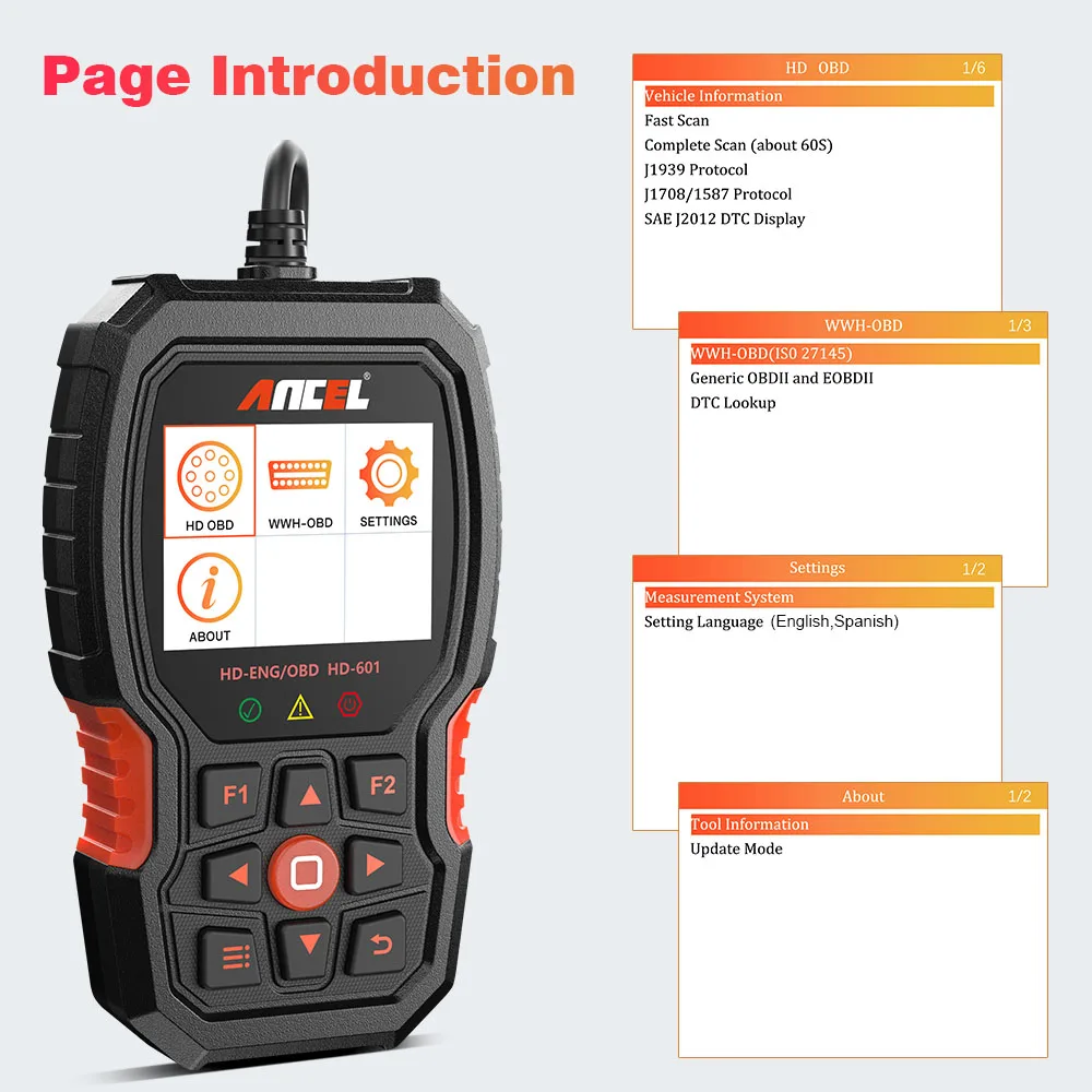 ANCEL HD601 Heavy Duty Truck Scanner HD OBD All System Diesel Scan Tool Engine ABS ECU Reset for John Deere Peterbilt Paccar