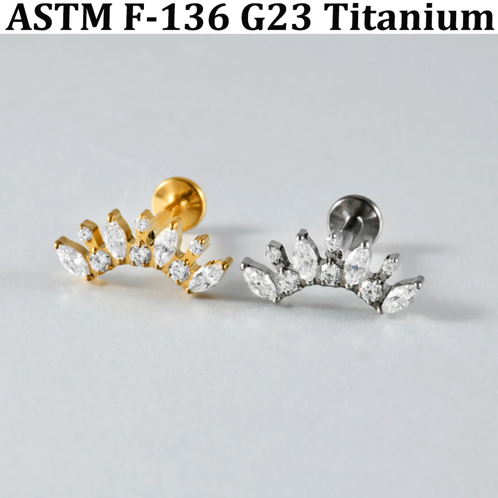 2/1 Stück Pferdeauge CZ Gebogener Blumen-Lippenpiercing mit flacher Rückseite aus G23 Titanlegierung mit Innengewinde, Zirkonia-Ohrknorpel-Tragus-Ohrring – Detail 9