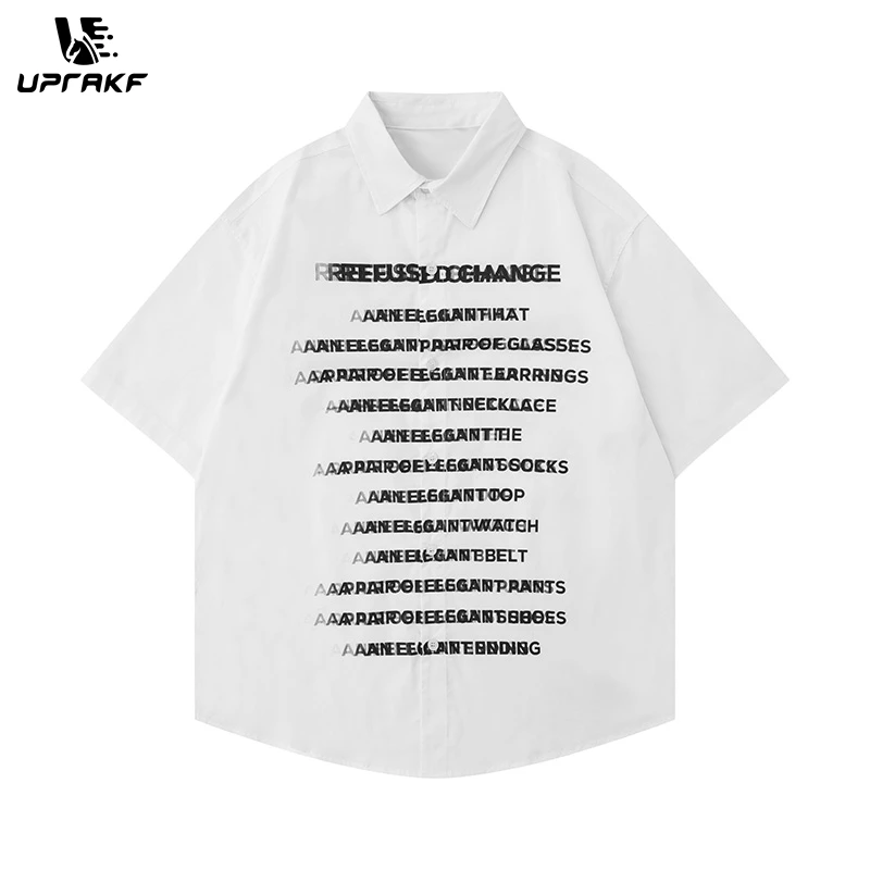 UPRAKF Shirts Short Sleeve Oversize Button Up Tops Whole Letter Print Casual Summer Outwear Comfortable