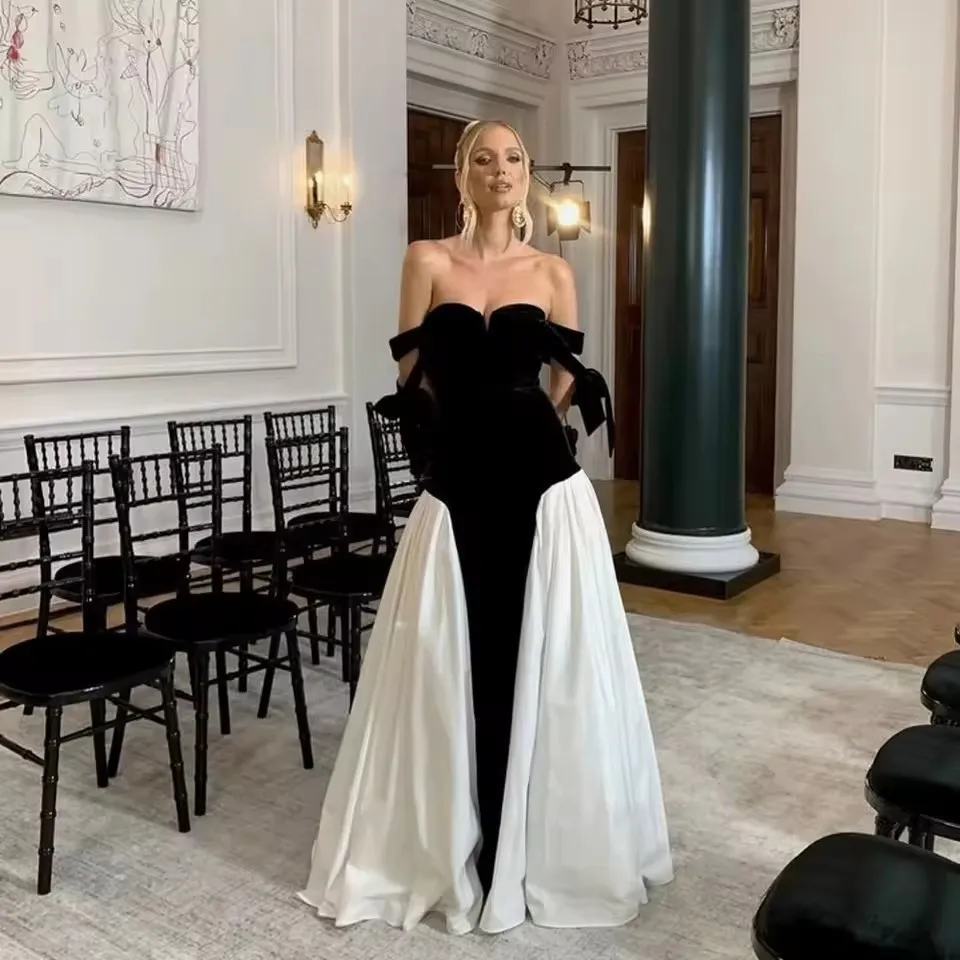 Women Maxi Dress Prom Gowns 2025 With Bow Contrast Colored Fashion Couture Black&White Velvet Long Formal Party Dresses