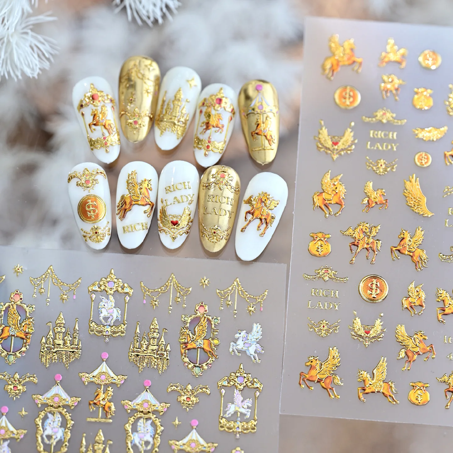 5D Embossed Gilding Flying Horse Iridescent Unicorn Nail Stickers Gold Foil Rich Lady Royal Palace Decorations Luxury Manicure