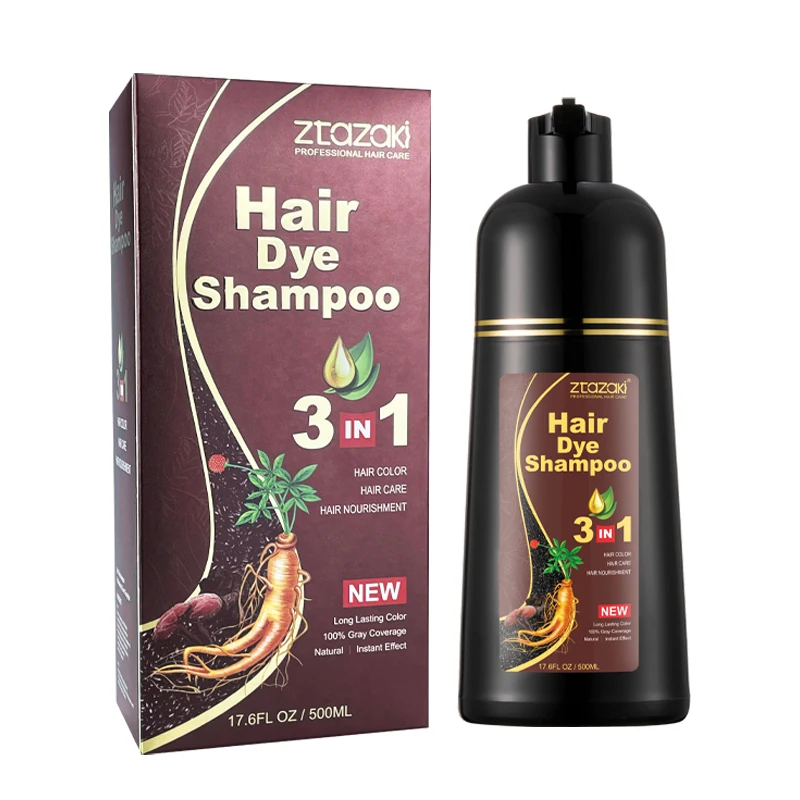 Mokeru 1pc 500ml Ginseng Hair Dye Shampoo 3 in 1 Covering White Hair Long Lasting Color Shampoo