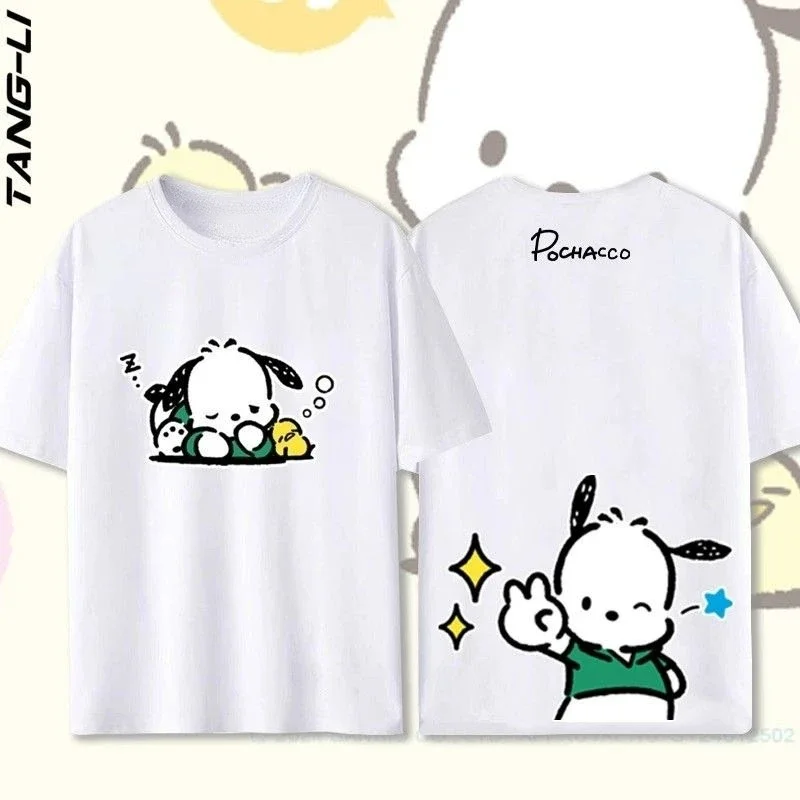 

Sanrio, летняя одежда из 100% хлопка для маленьких девочек, милые футболки с принтом Pochacco для маленьких мальчиков, верхняя одежда с короткими рукавами и героями мультфильмов