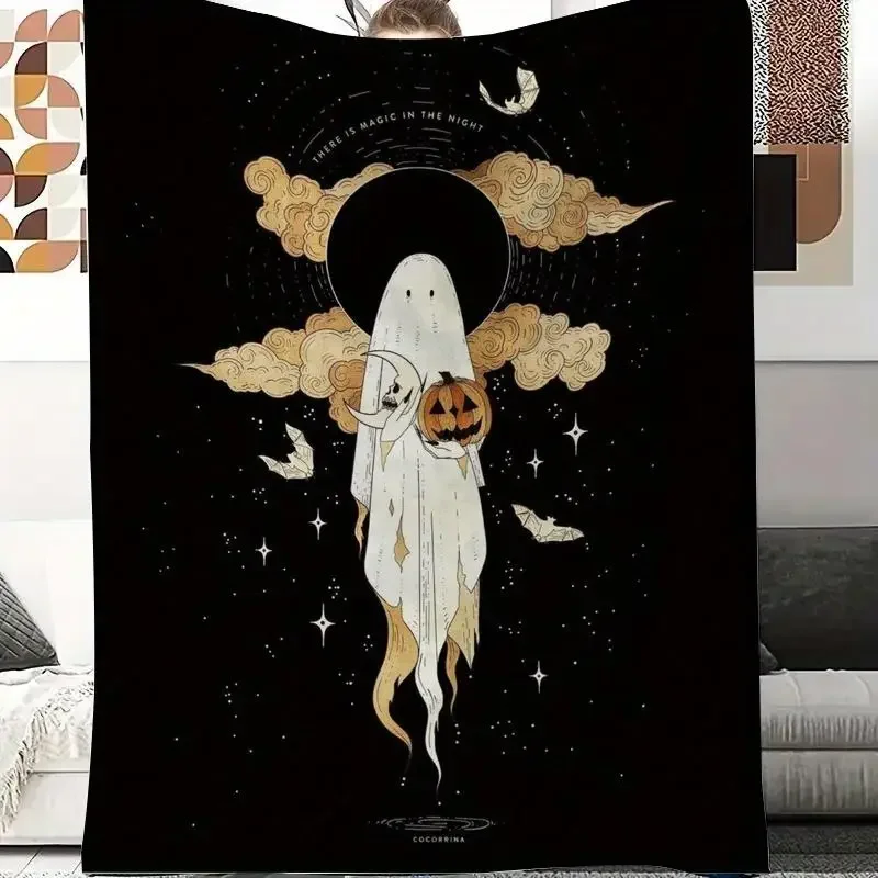 

Spooky JackOLantern Haunted House Flannel Throw Blanket Gothic Ghosts Bats JackOLanterns in Black Golden
