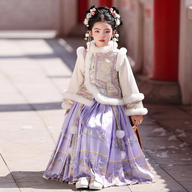 

Новый зимний теплый костюм ханьфу для девочек с плащом, костюм древней феи, стеганая юбка с конским лицом, комплект для детей 2026, китайская новогодняя одежда