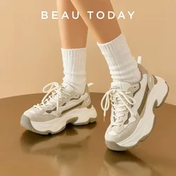 BeauToday Platform Sneakers Women Suede Leather Patchwork Fabric Round Toe Mixed Color Lace-Up Chunky Sole Ladies Trainers 29430