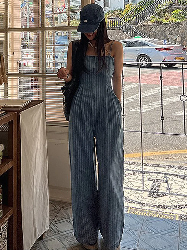 Women Striped Sling Jumpsuit Streetwear Pockets High Waist Off Shoulder Blue Jumpsuit Female 2023 Summer New Tide  Y732