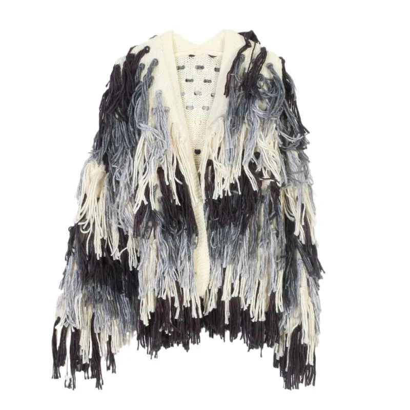 

Blouse Outerwear Knitted Cardigan Cape Sweater Women's Vintage Loose-fitting Fringe Gradient Thickened Mid-length Distinctive