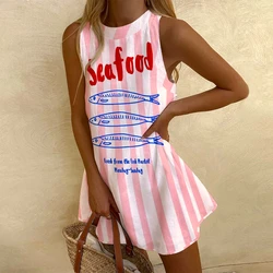 Women's Sleeveless Printed Short Dress Chic New Pink High Quality Luxury Dress Round Neck Pullover Skirt beach wear women 2024