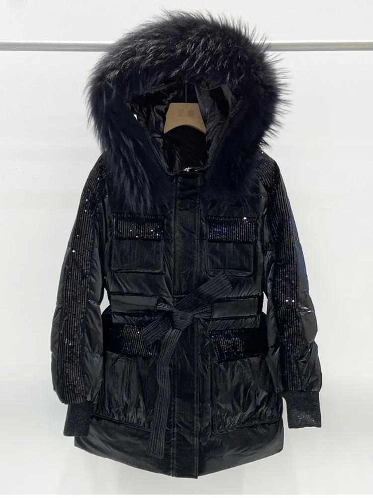 New Winter Women Sequined White Duck Down Coat Real Raccoon Fur Collar Female Bright Short Puffer Jackets Thickened Outwear 2023