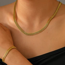 Stainless Steel Set Double Layers Chunky Chain Necklace Bracelet Combo Set Trendy Creative For Women Jewelry Party Matching