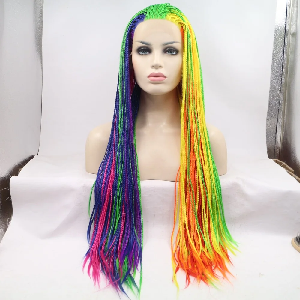 Peluca de pelo sintético con encaje frontal para mujer, Color arcoíris, amarillo, naranja, rojo, azul, verde, Azul, Morado, trenzas largas, resistente al calor