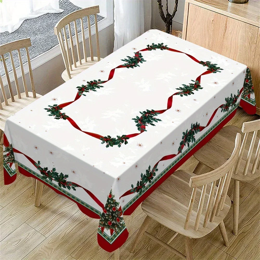1Pc Christmas Style Tablecloth White Red Green Holly Berry Ribbon Print Table Cover For Holiday Party Dining Home Decoration Wat