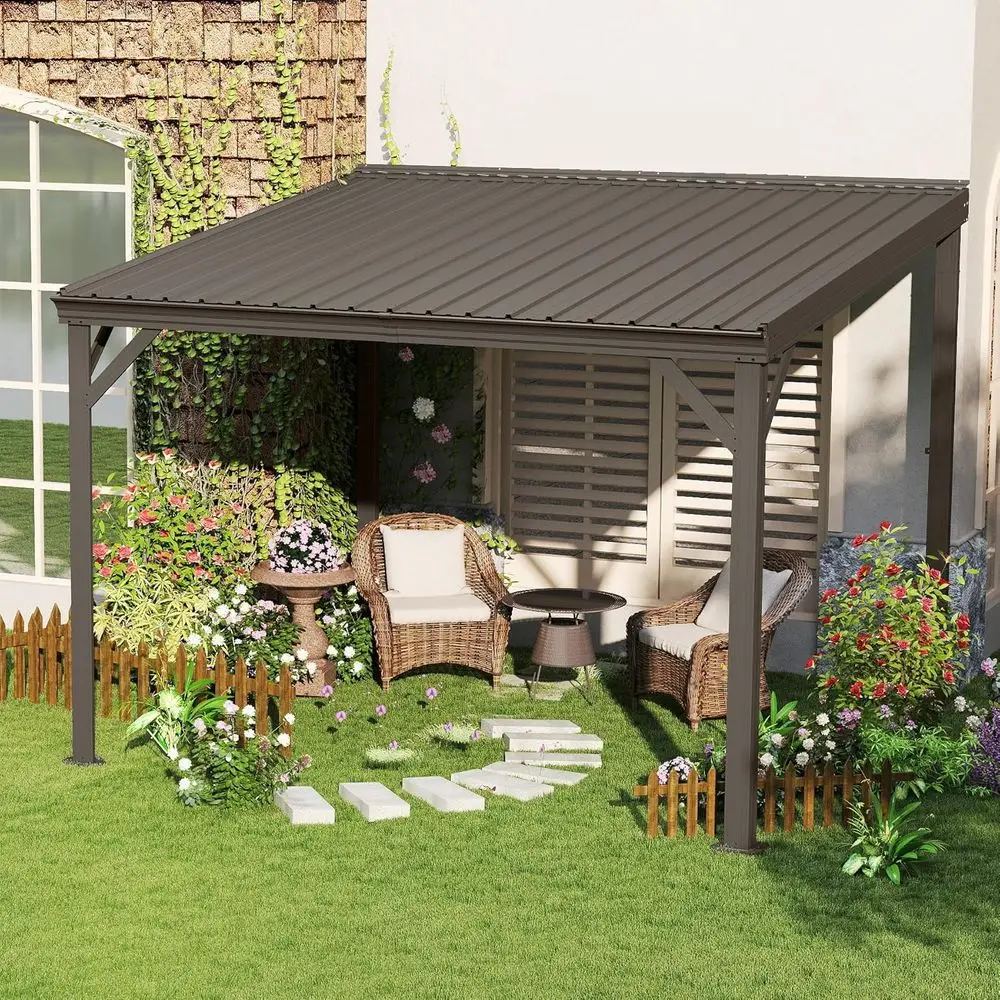 

Уличная беседка 10x10 с жесткой крышей, креплением к стене, водостоком и наклонной кровлей из оцинкованной стали - коричневая