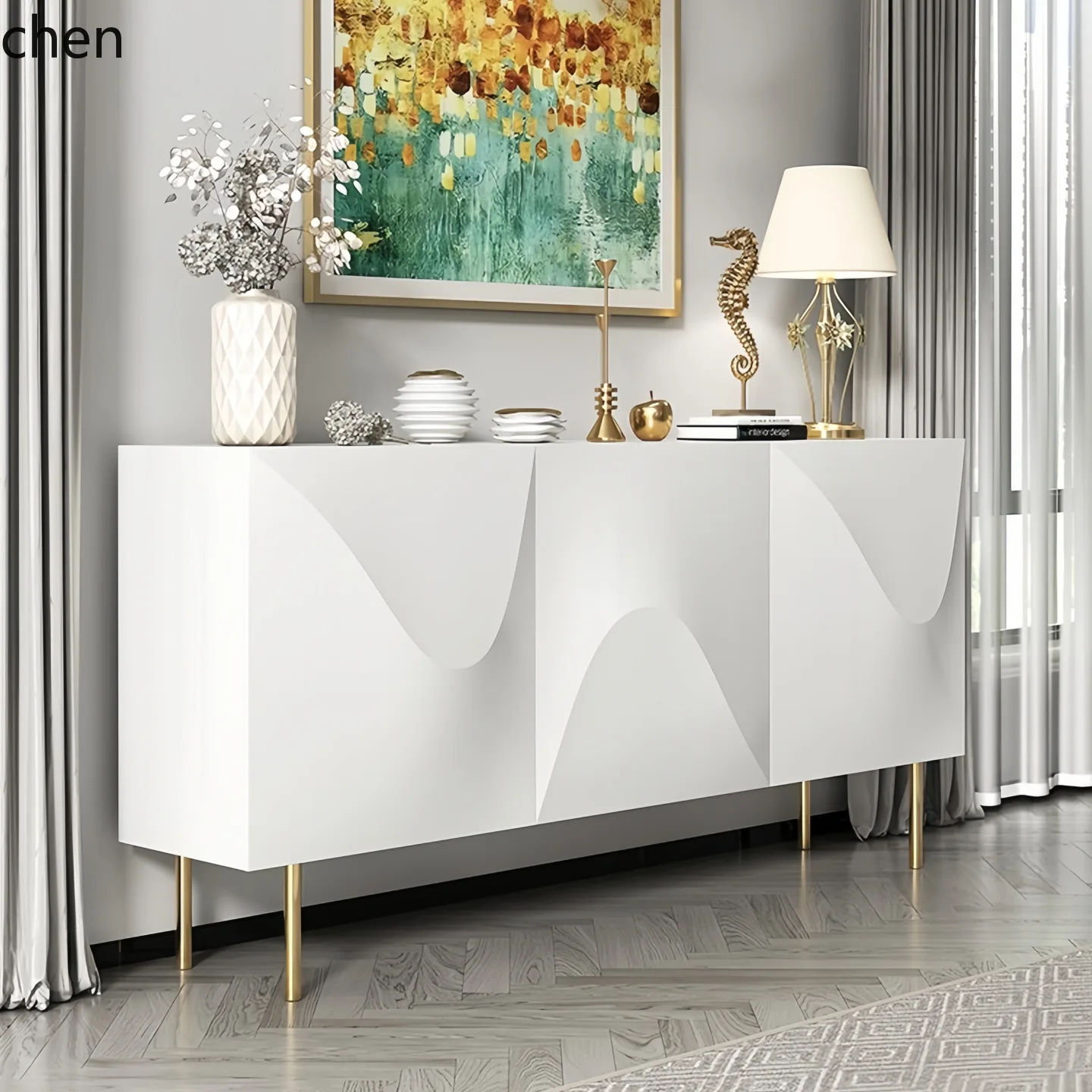 LXC Lemari Samping Berlapis Kayu Solid untuk Ruang Masuk, Lemari Teh Modern Sederhana, Lemari Penyimpanan Multifungsi