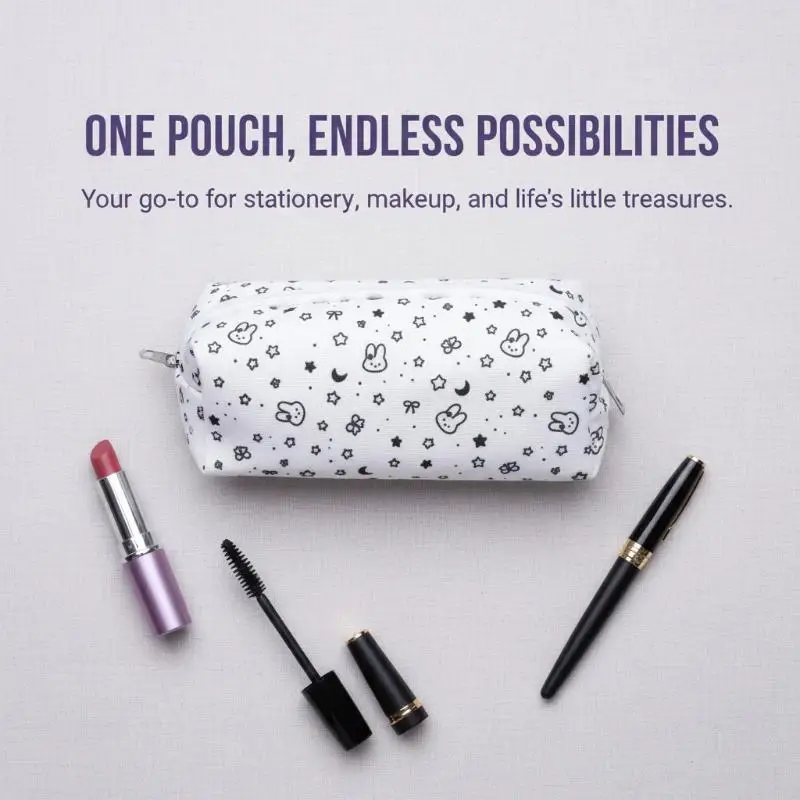 New Gifts Cartoon Bunny Pencil Case Star Moon Pattern Zipper Closure Pencil Pouch White Large Capacity Pen Pouch Office Supplies