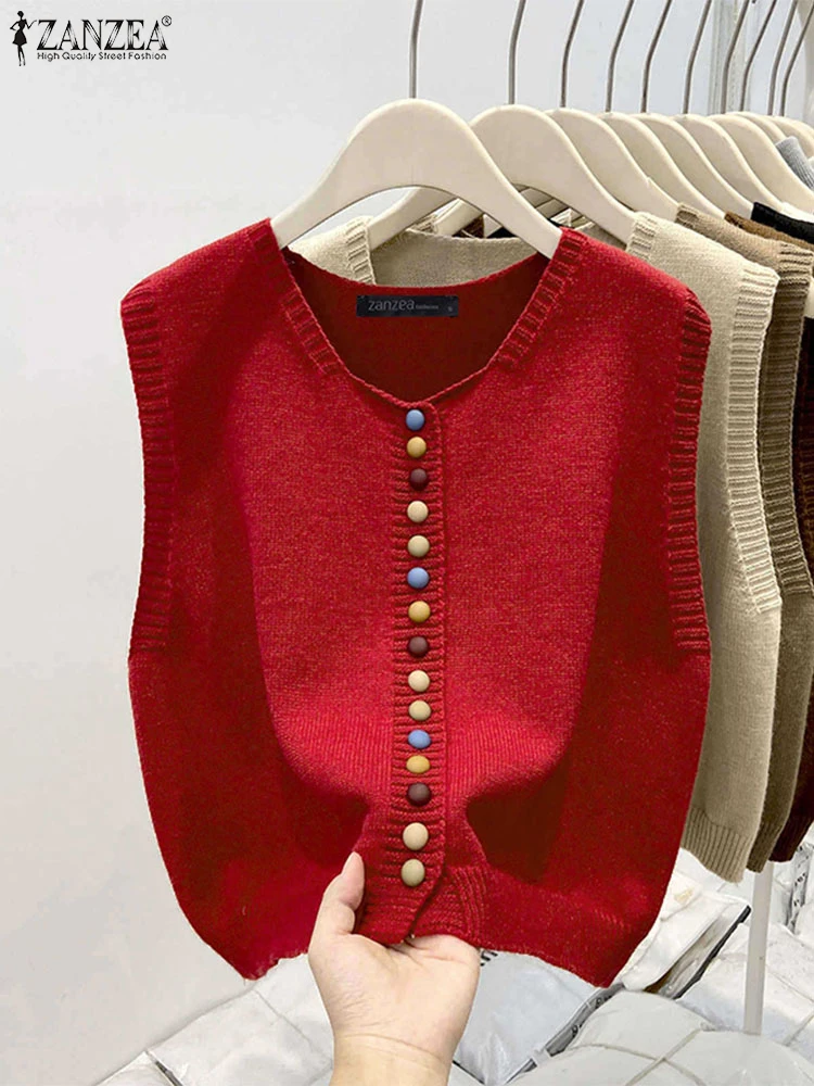 

2025 Auutmn Sweater Vest ZANZEA Kintted Sweater Women V Neck Sleeveless Jumpers Colorful Buttons Vests Basic Pullovers Oversize