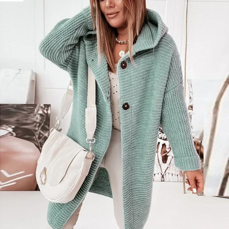 Mid-Length All-Match Cardigan Women Fashion Loose Long Sleeve Sweaters Coat Women Autumn Winter Loose Hooded Sweater Jacket