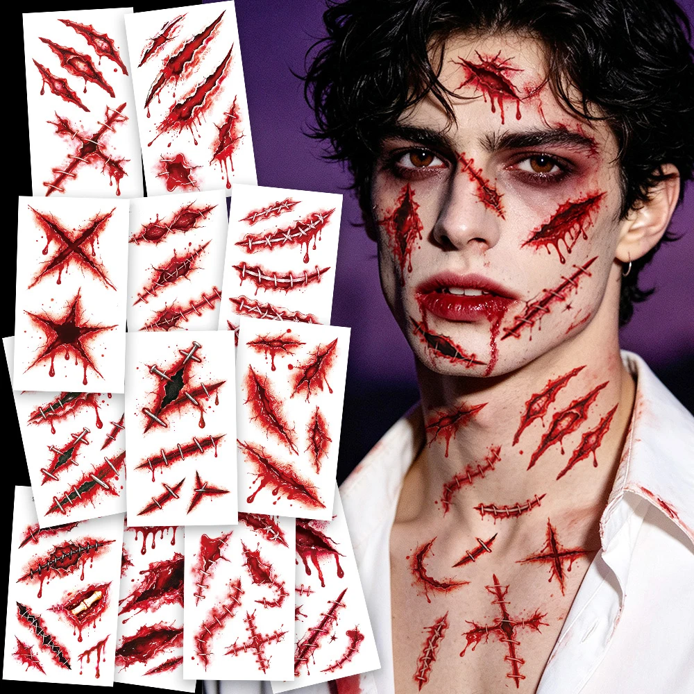 Halloween Bloody Wound Temporary Tattoos-12 Sheets,Realistic Horror Fake Scars Stitch Scabs Tattoos,Halloween Party Favors Decor