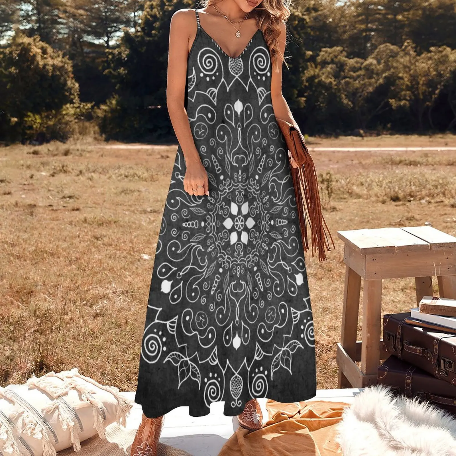 Vestido Mandala sem mangas para mulheres, vestidos cinza e branco profundos