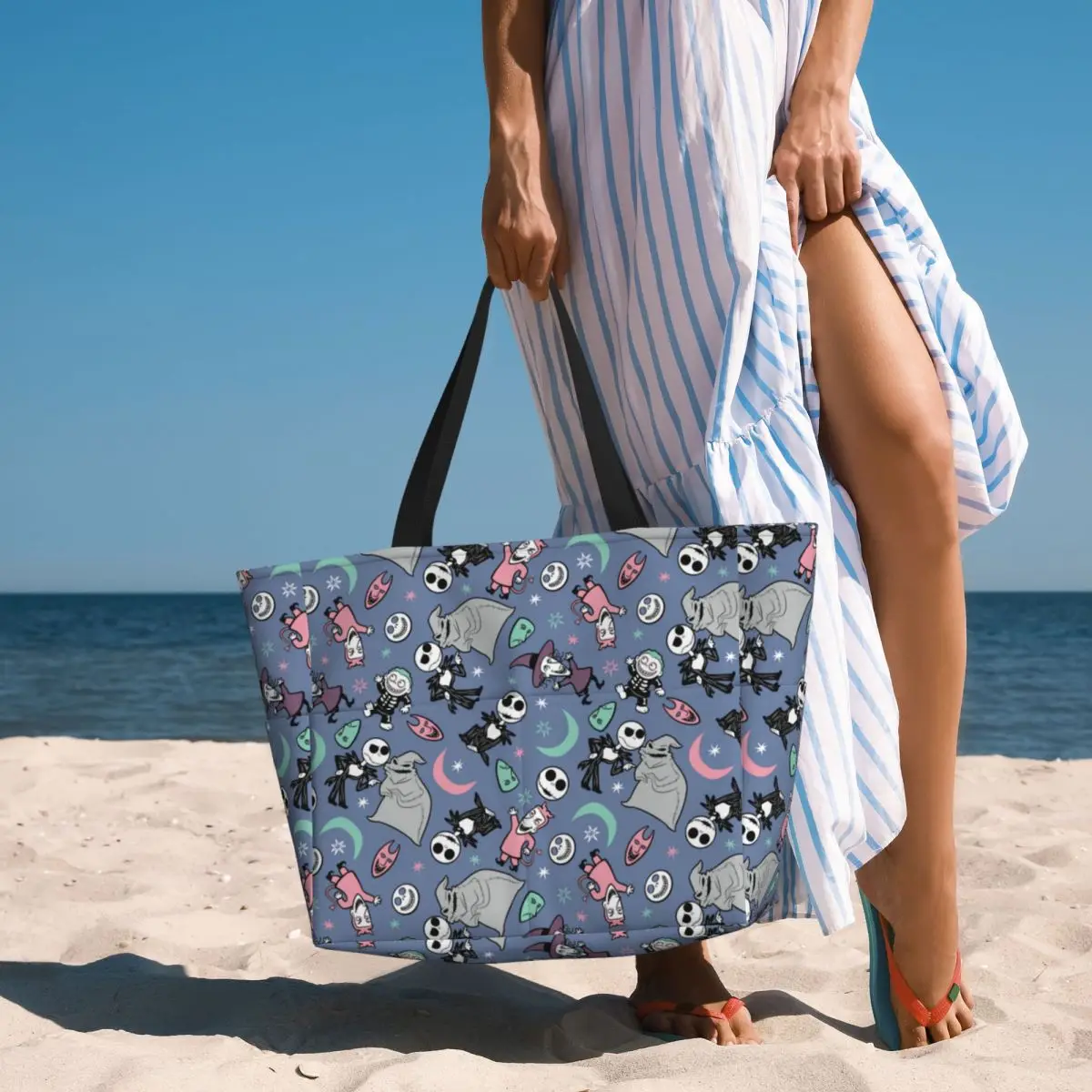 Custom Nightmare Christmas Jack Skellington Pattern Tote Bag for Women Large Capacity Halloween Skeleton Beach Gym Travel Bags