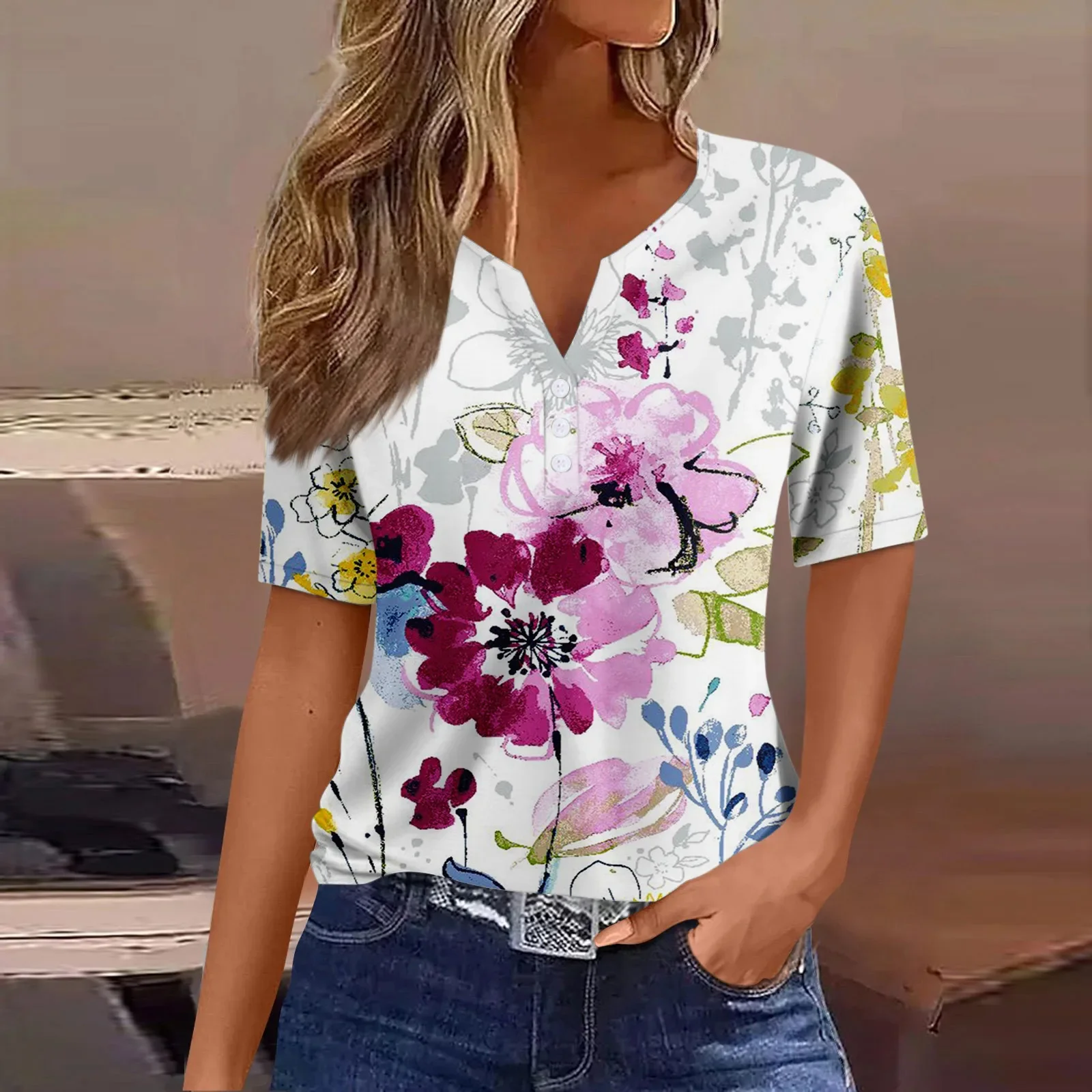 

Women's Short-Sleeved T-Shirt V-Neck Print Floral Pattern Summer Casual Breathable Refreshing Short-Sleeved Roupas Feminina