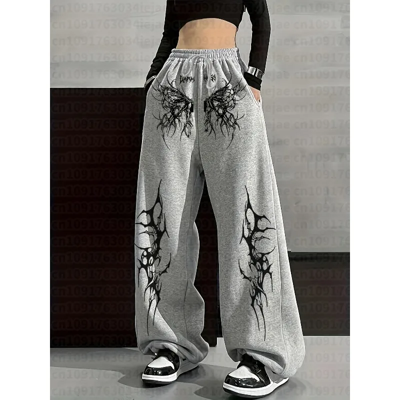 Gothic-style Wide-leg Sweatpants White Abstract Devil Wing Print, Elastic Waist with Drawstring, Oversized Women's Kid Pants