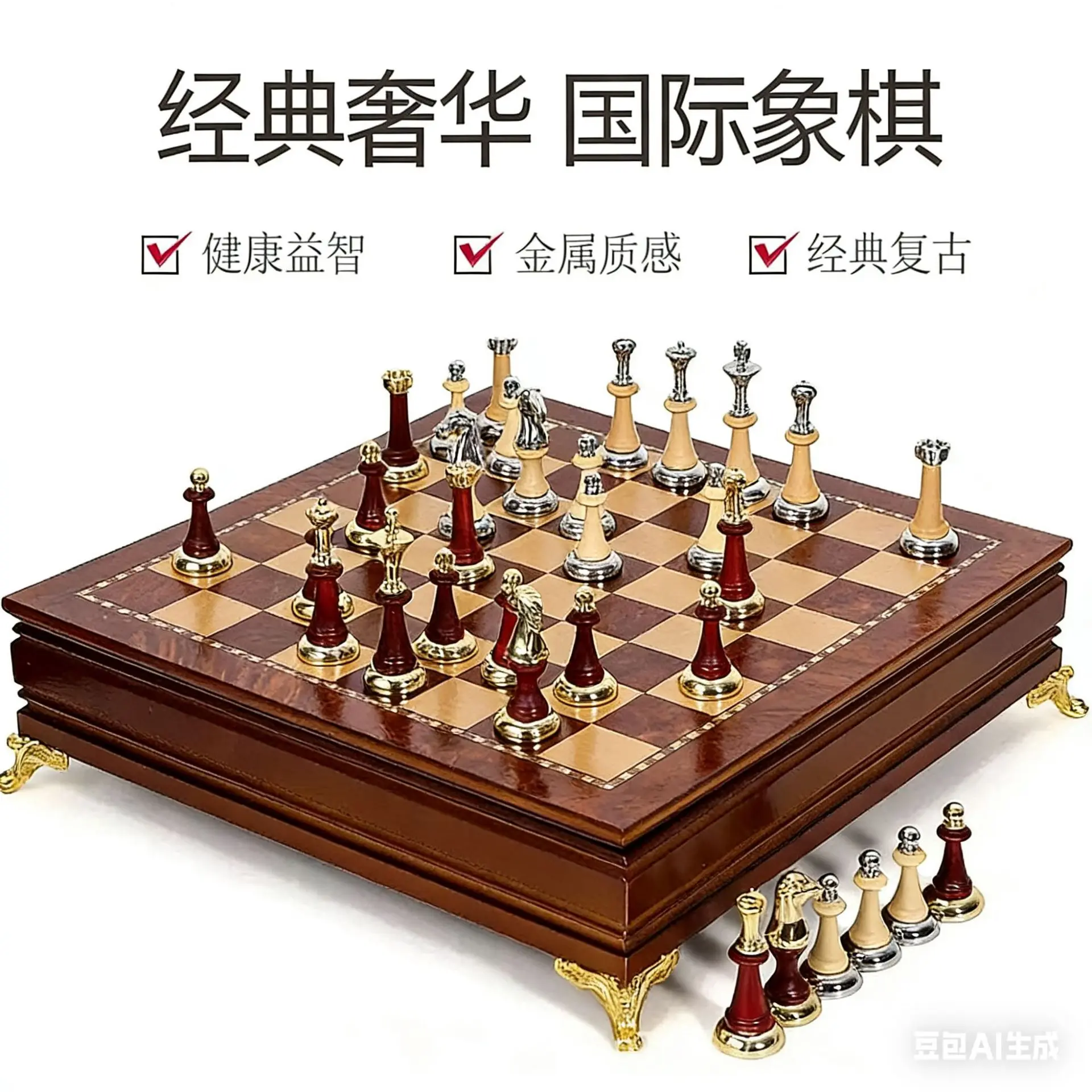 High-end Drawer Chess Solid Wood Chess Inlaid Metal   Table Game Chess