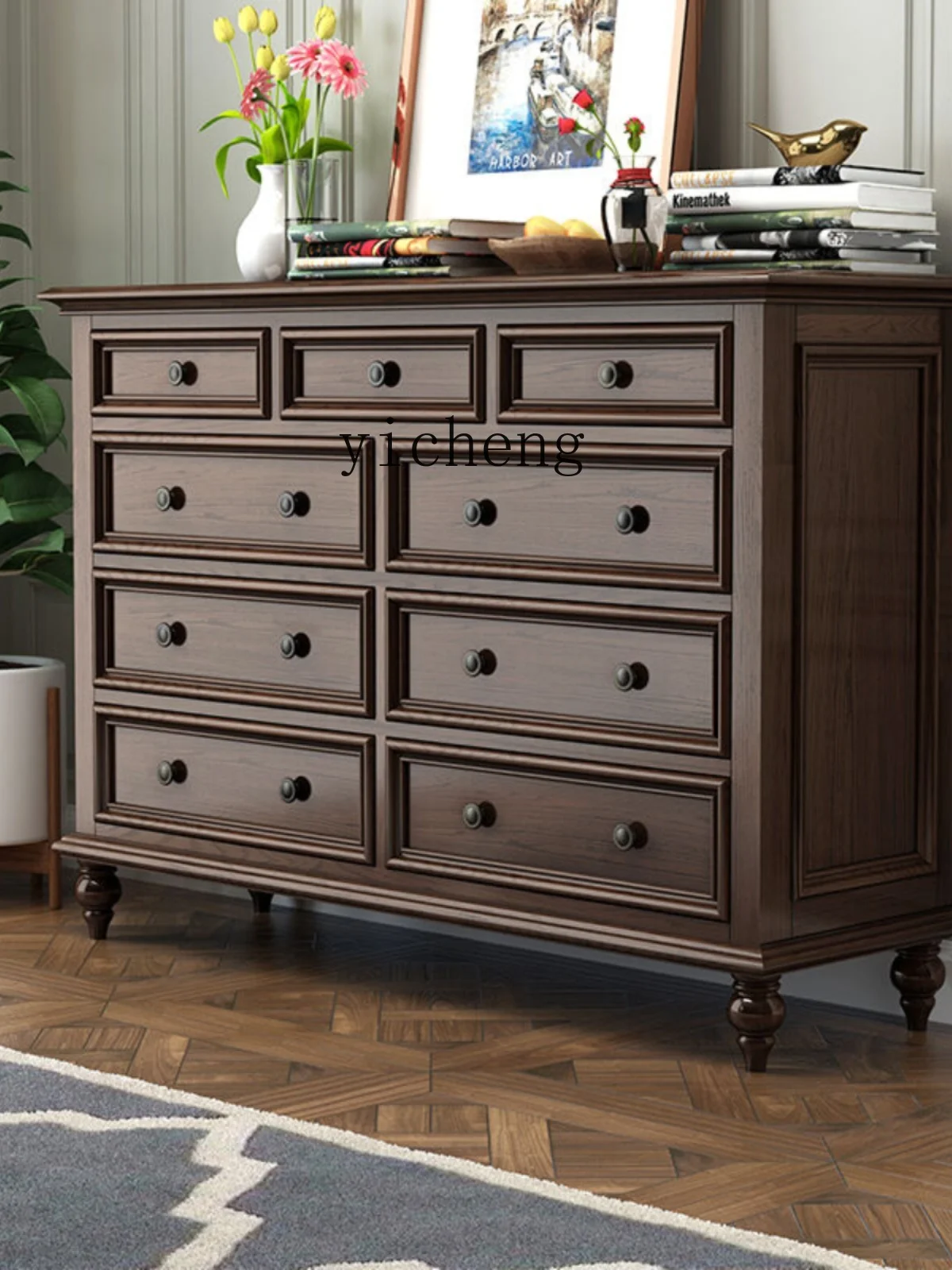 ZK Solid Wood Black Walnut Color Nine-Drawer Cabinet Simple Bedroom Storage Cabinet Chest of Drawers