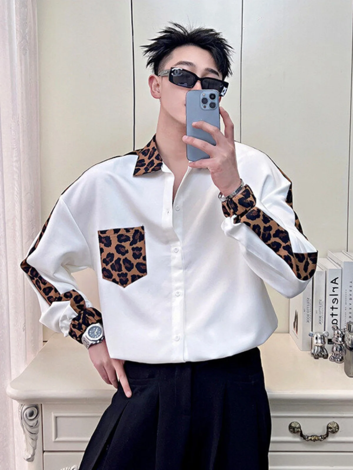 

Повседневная мужская длинная све с леопардовым принтом, свободная посадка, весна-осень, модная брендовая крутая верхняя одежда Haome irt